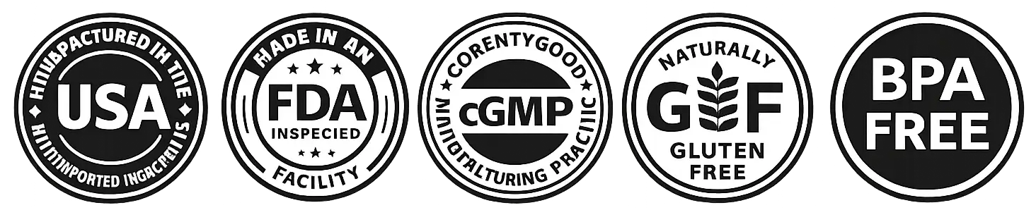 Gluco6 quality badges including USA manufactured, FDA inspected facility, cGMP certified, gluten free, and BPA free