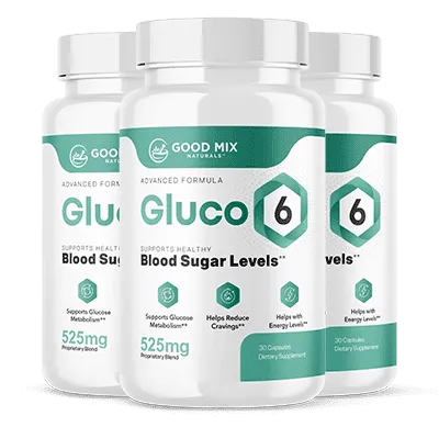 Three bottles of Gluco6 blood sugar support supplement for glucose metabolism and daily wellness support
