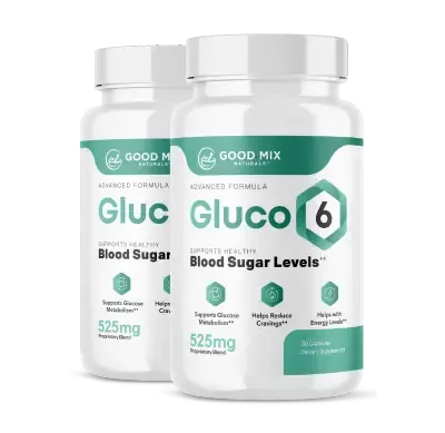 Two bottles of Gluco6 blood sugar support supplement for healthy glucose metabolism and daily wellness
