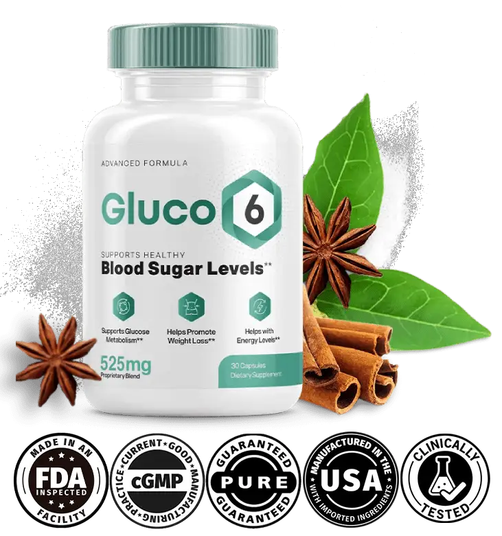 Gluco6 blood sugar support supplement bottle with natural ingredients and USA quality badges including GMP and FDA inspected facility